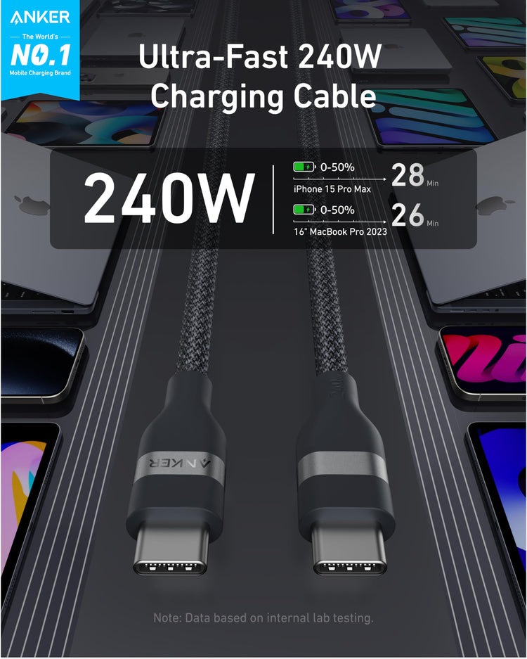 Anker USB-C to USB-C Cable ((3 ft / 6 ft, 240W, Upcycled-Braided) (2-Pack) Kabler Sort | WD992009S6